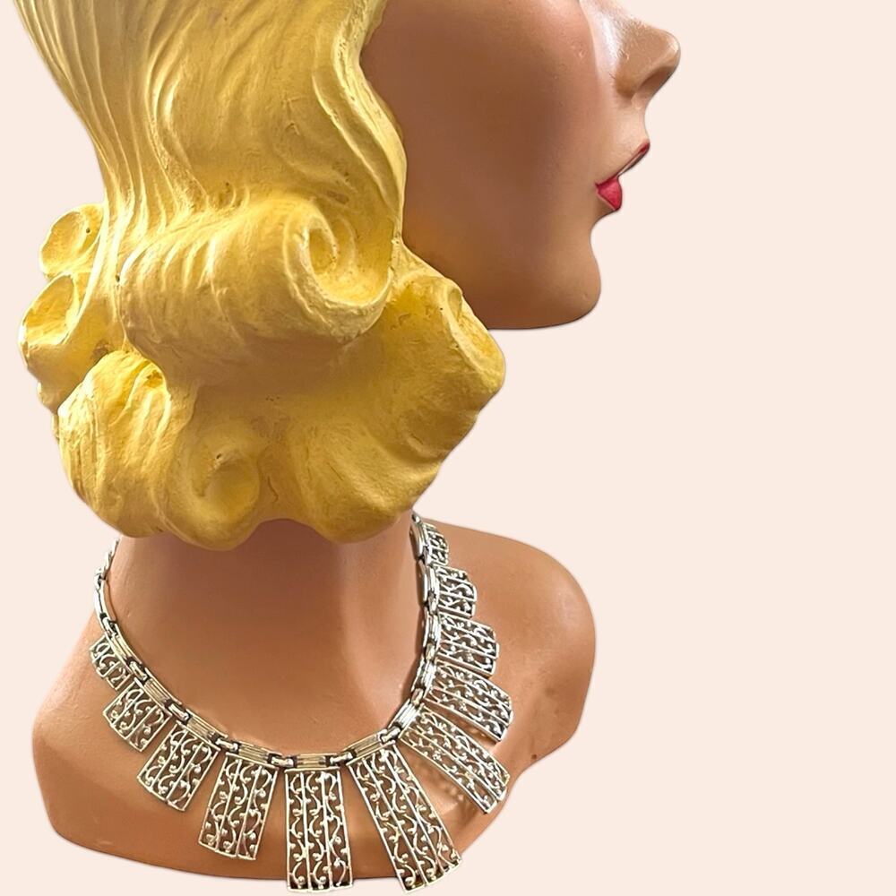 Sarah Coventry Panel Necklace Silver Tone “Lady of Spain” Statement Vintage Bib